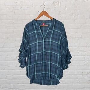 Vince Camuto Plaid Ruffle Sleeve Blouse Blue Teal Check V-Neck Casual Top Medium
